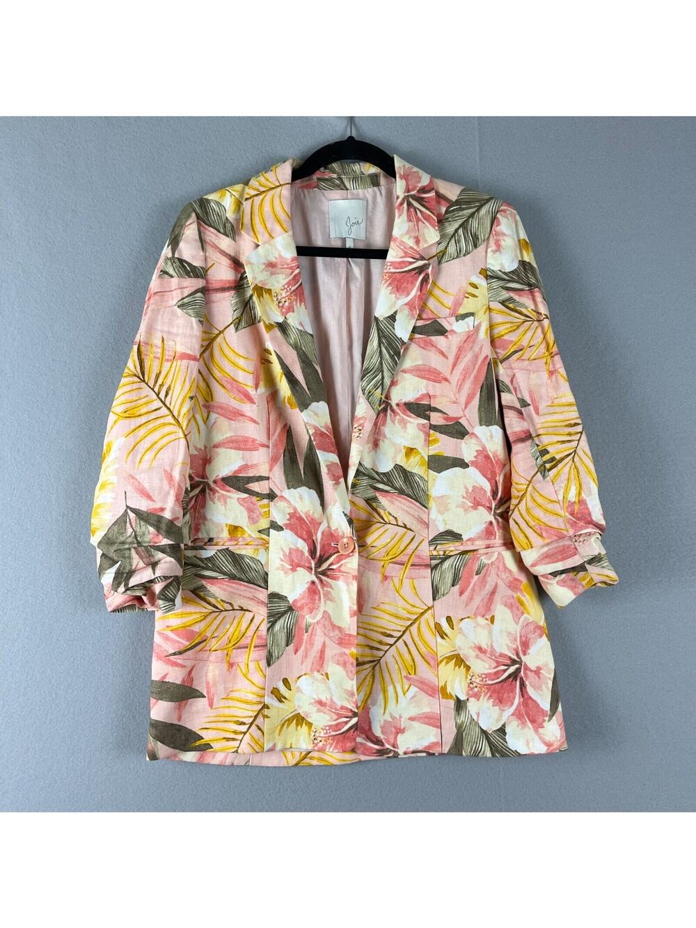 Joie Kishina‎ Linen Blazer Womens 4 Pink Floral Tropical Hawaiian Career Coastal